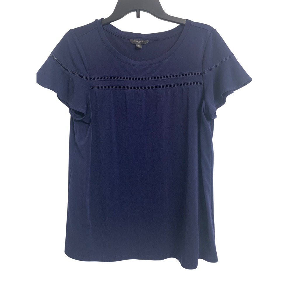 Banana Republic Navy Blue Flutter Sleeve Top Ladder Stitch Crochet Blouse Medium
